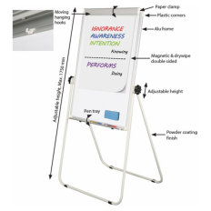 Write-erase board on a stand, double-sided with a poster strip at the top